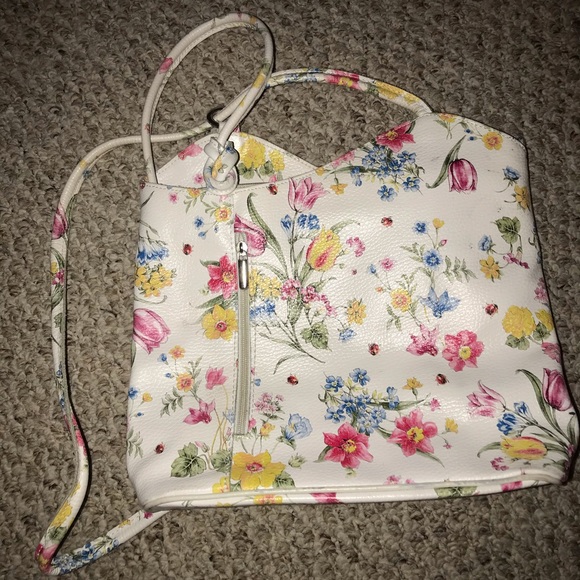 Handbags - Italian genuine leather flower floral organizer backpack bag white